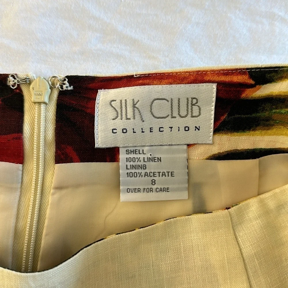 Beautiful Silk Club 100% Linen Hibiscus Floral Pencil Skirt, 8